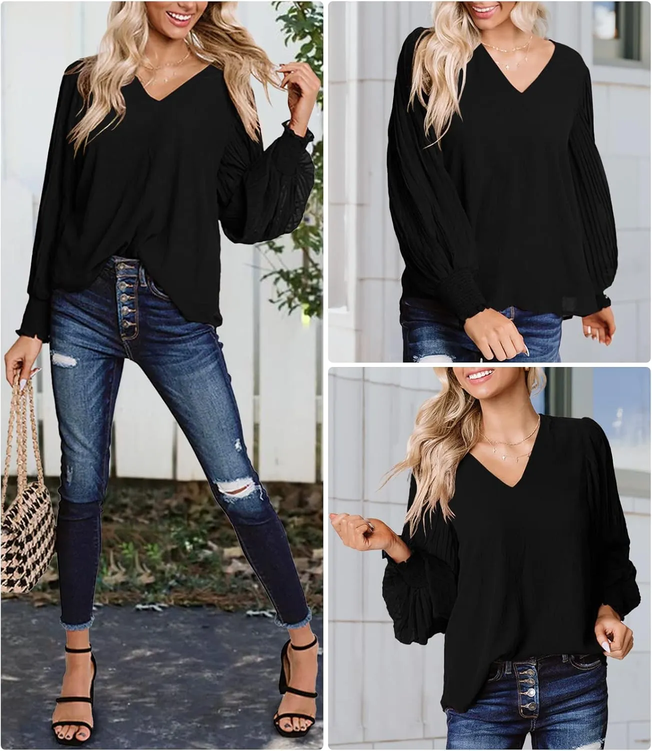 Aifer Womens V Neck Chiffon Blouses Pleated Lantern Sleeve Flowy Dressy Tops Elegant Business Casual Outfits