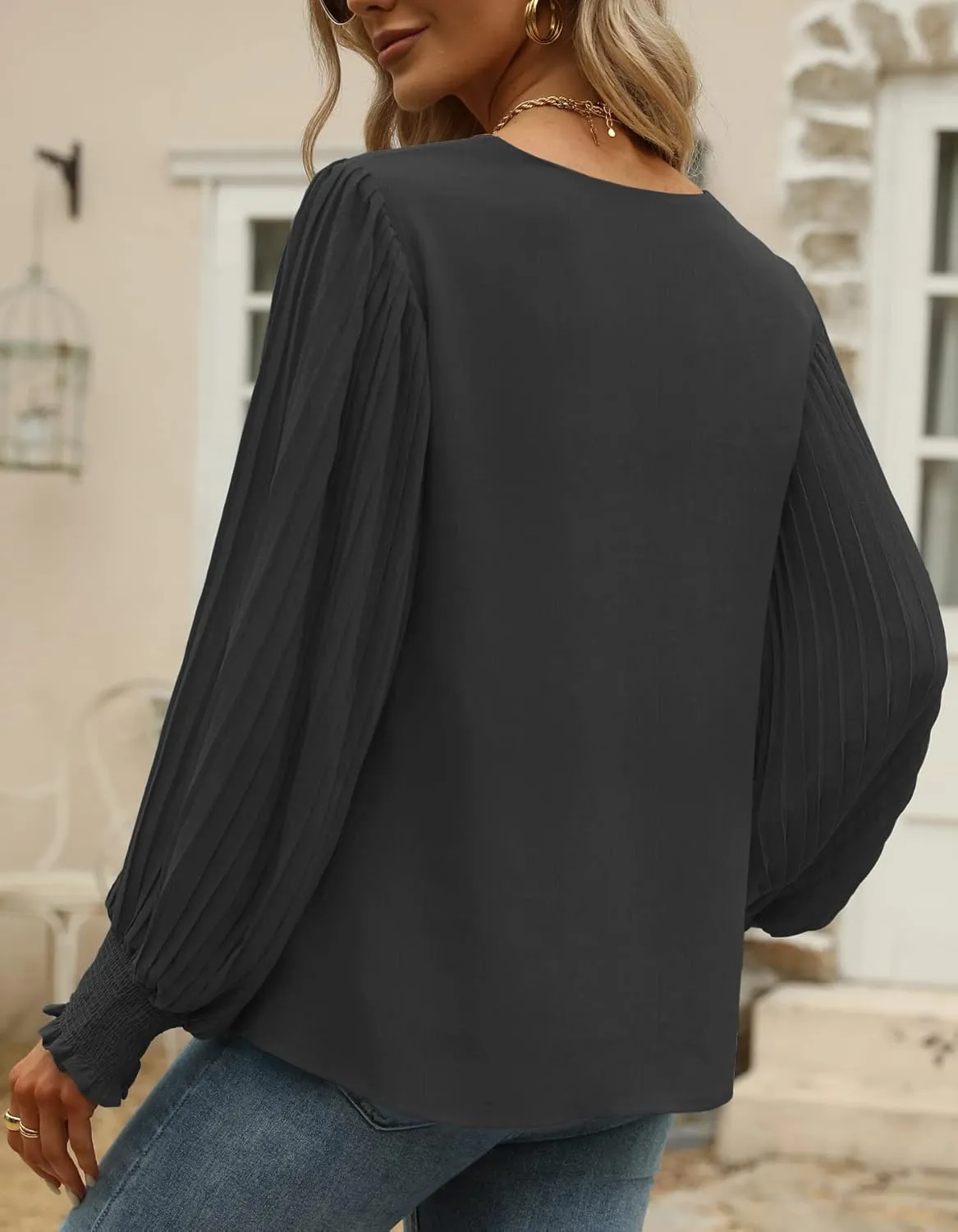Aifer Womens V Neck Chiffon Blouses Pleated Lantern Sleeve Flowy Dressy Tops Elegant Business Casual Outfits