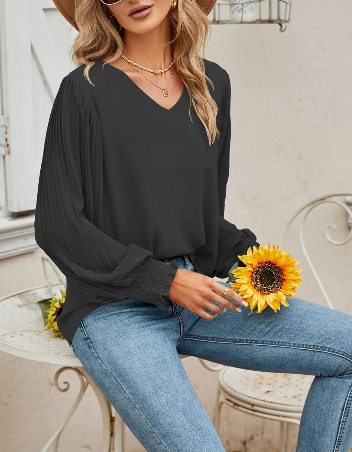 Aifer Womens V Neck Chiffon Blouses Pleated Lantern Sleeve Flowy Dressy Tops Elegant Business Casual Outfits