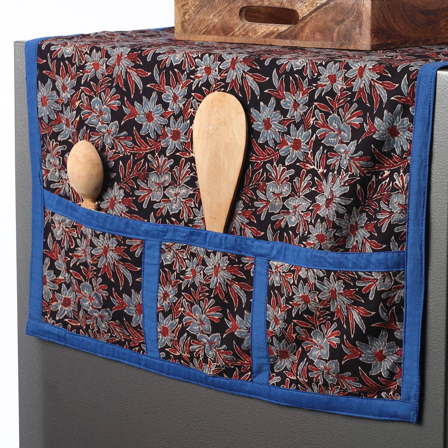 Ajrakh Block Printed Cotton Fridge Top Cover with Multiple Pockets