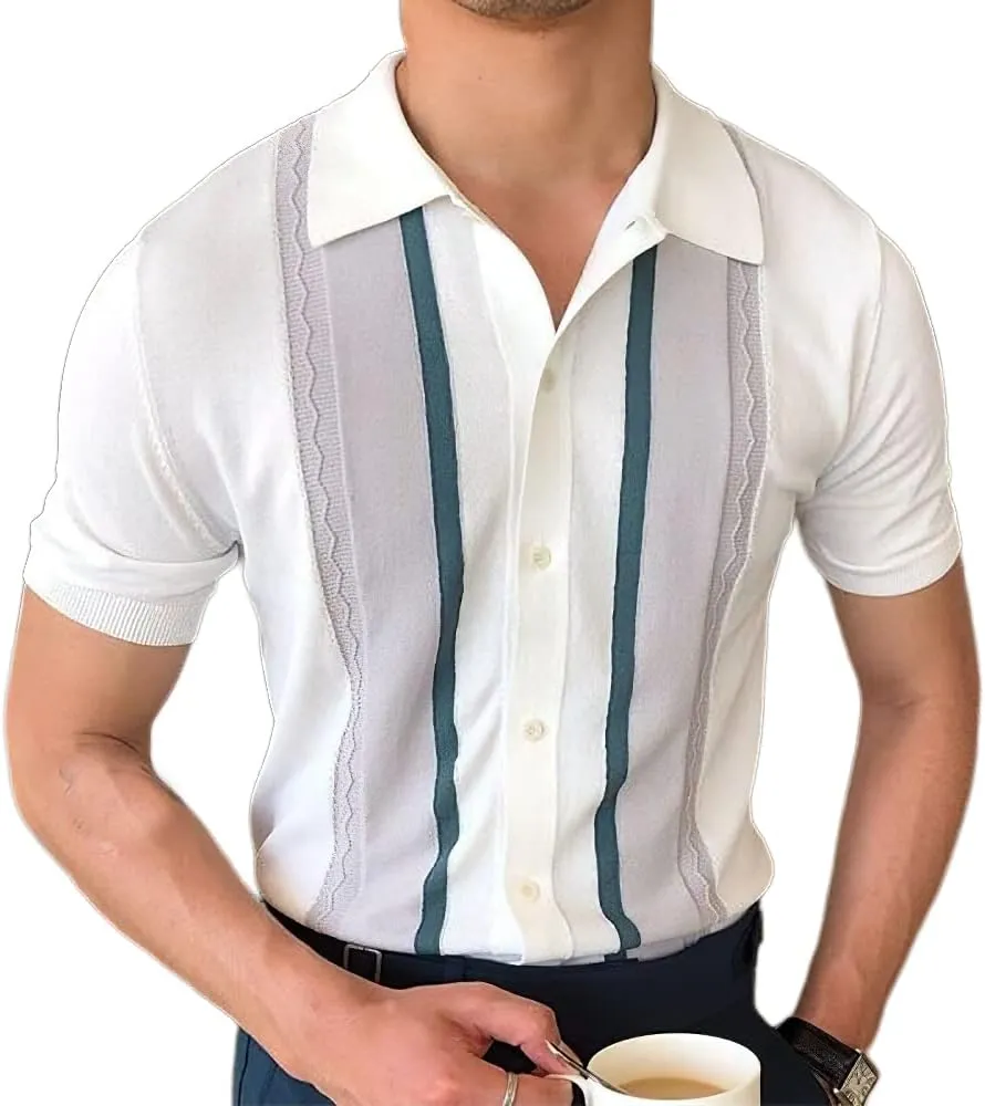 Akivide Striped Knit Polo Shirts for Men Stripe Color Block Short Sleeve Knit Cotton Slim Fit Lapel Collar Polo Shirt for Men
