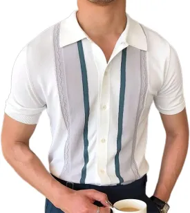 Akivide Striped Knit Polo Shirts for Men Stripe Color Block Short Sleeve Knit Cotton Slim Fit Lapel Collar Polo Shirt for Men