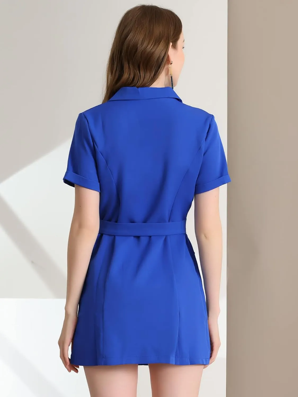 Allegra K Women's Notched Lapel Double Breasted Casual Work Office Belted Blazer Dress