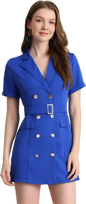 Allegra K Women's Notched Lapel Double Breasted Casual Work Office Belted Blazer Dress