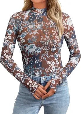 AUTOMET Lace Long Sleeve Floral Mesh Mockneck Going Out Tops for Women Spring Fashion Outfits 2025