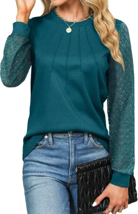 Blooming Jelly Women's Waffle Knit Tops Dressy Business Casual Blouses Lace Long Sleeve Work Shirts Fall Clothes