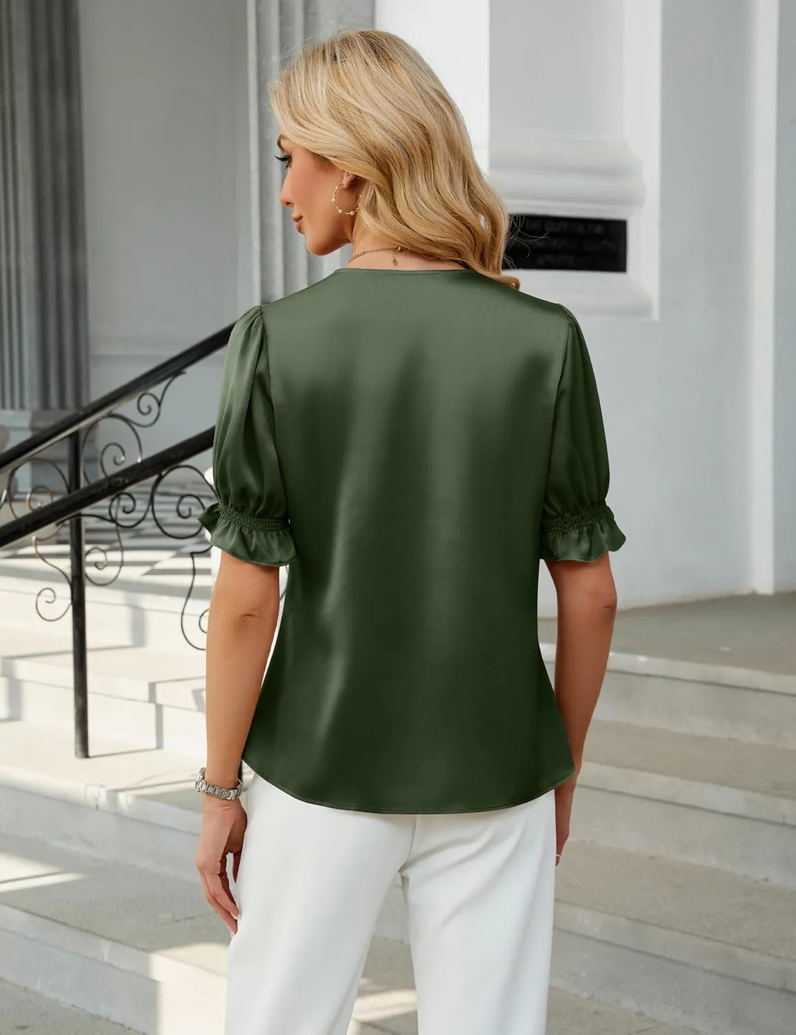 BMJL Womens Blouses Dressy Casual Satin V Neck Short Sleeve Shirts Business Casual Tops for Women