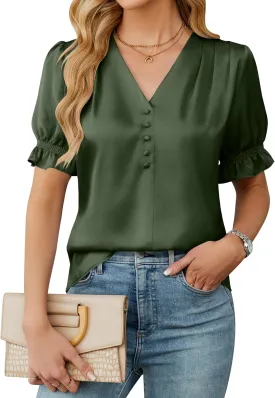 BMJL Womens Blouses Dressy Casual Satin V Neck Short Sleeve Shirts Business Casual Tops for Women