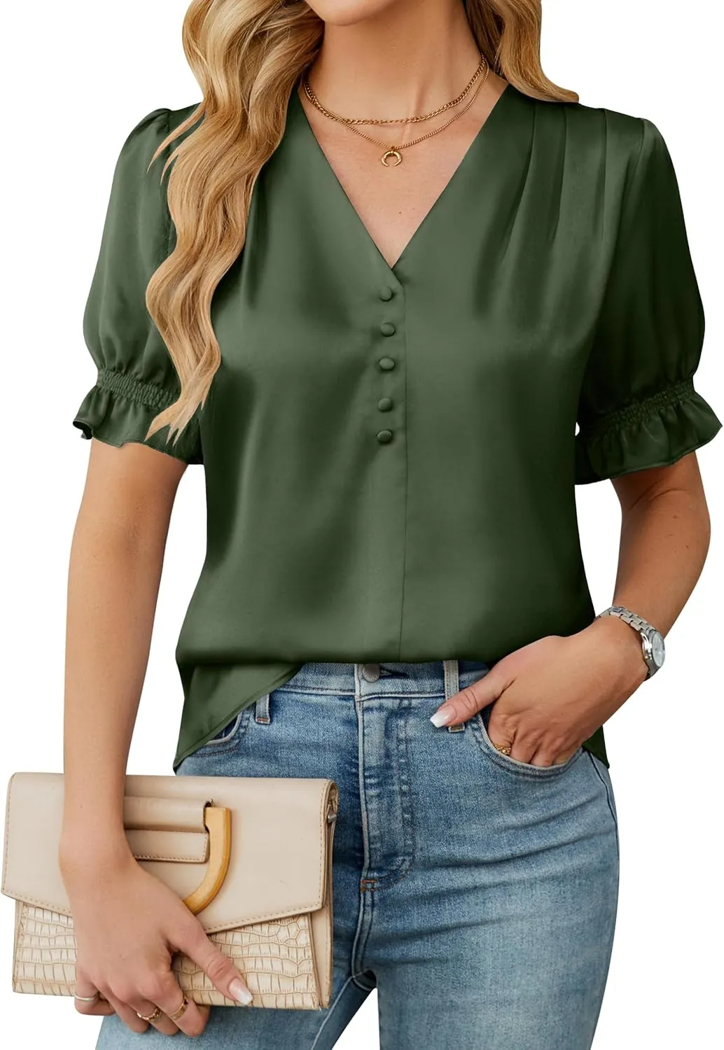 BMJL Womens Blouses Dressy Casual Satin V Neck Short Sleeve Shirts Business Casual Tops for Women
