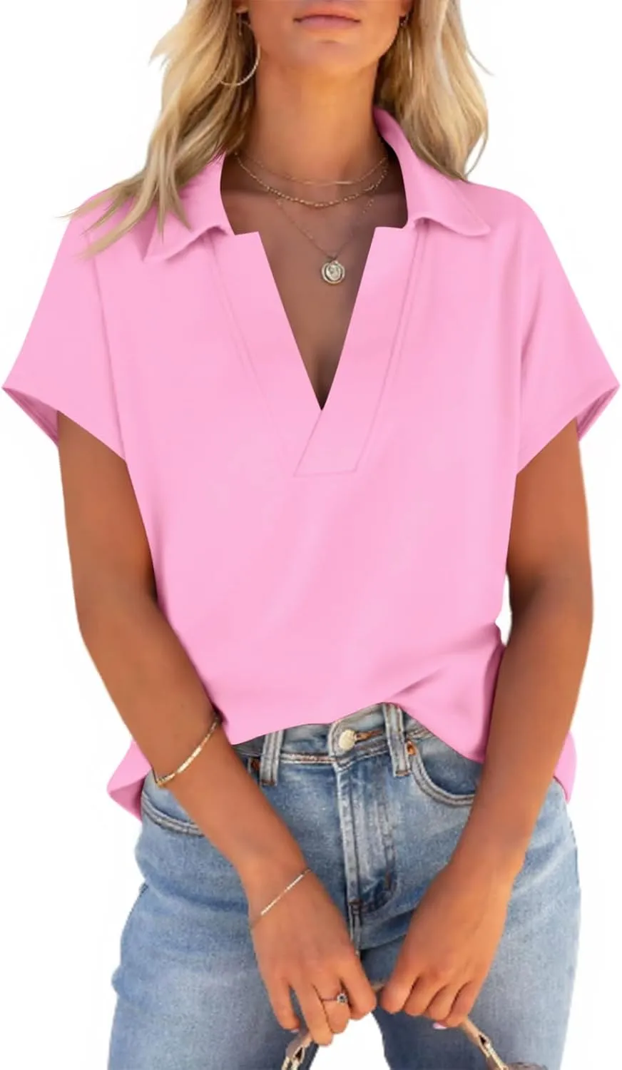 Cicy Bell Womens V Neck Polo Shirts Short Sleeve Business Casual Tops Loose Fit Summer Tees