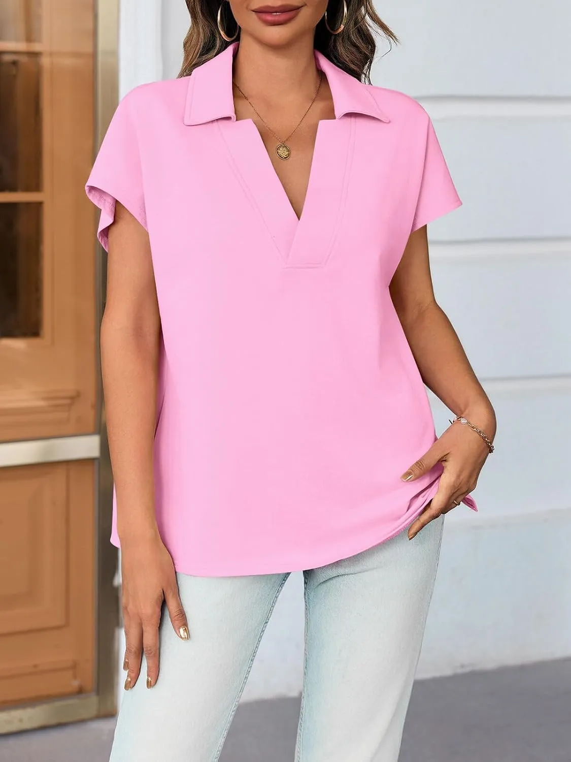 Cicy Bell Womens V Neck Polo Shirts Short Sleeve Business Casual Tops Loose Fit Summer Tees