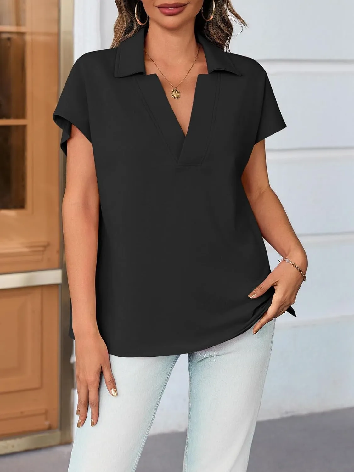 Cicy Bell Womens V Neck Polo Shirts Short Sleeve Business Casual Tops Loose Fit Summer Tees