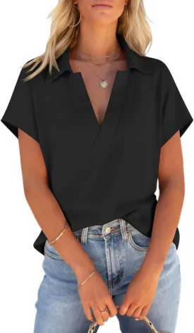 Cicy Bell Womens V Neck Polo Shirts Short Sleeve Business Casual Tops Loose Fit Summer Tees
