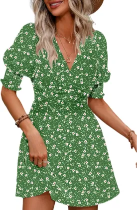 Dokotoo Summer Dresses for Women 2025 Sexy Wrap V Neck Short Puff Sleeve Elegant Floral Smocked Waist Flowy Mini Dress