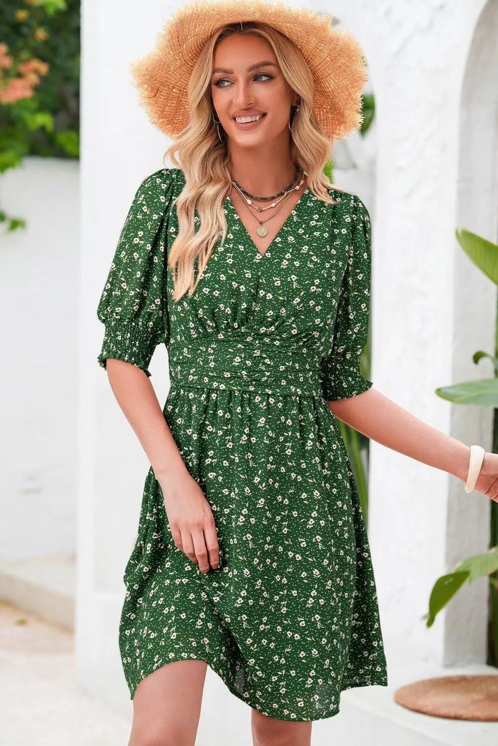 Dokotoo Summer Dresses for Women 2025 Sexy Wrap V Neck Short Puff Sleeve Elegant Floral Smocked Waist Flowy Mini Dress