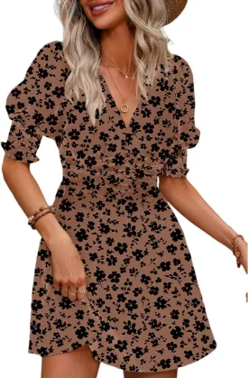 Dokotoo Summer Dresses for Women 2025 Sexy Wrap V Neck Short Puff Sleeve Elegant Floral Smocked Waist Flowy Mini Dress