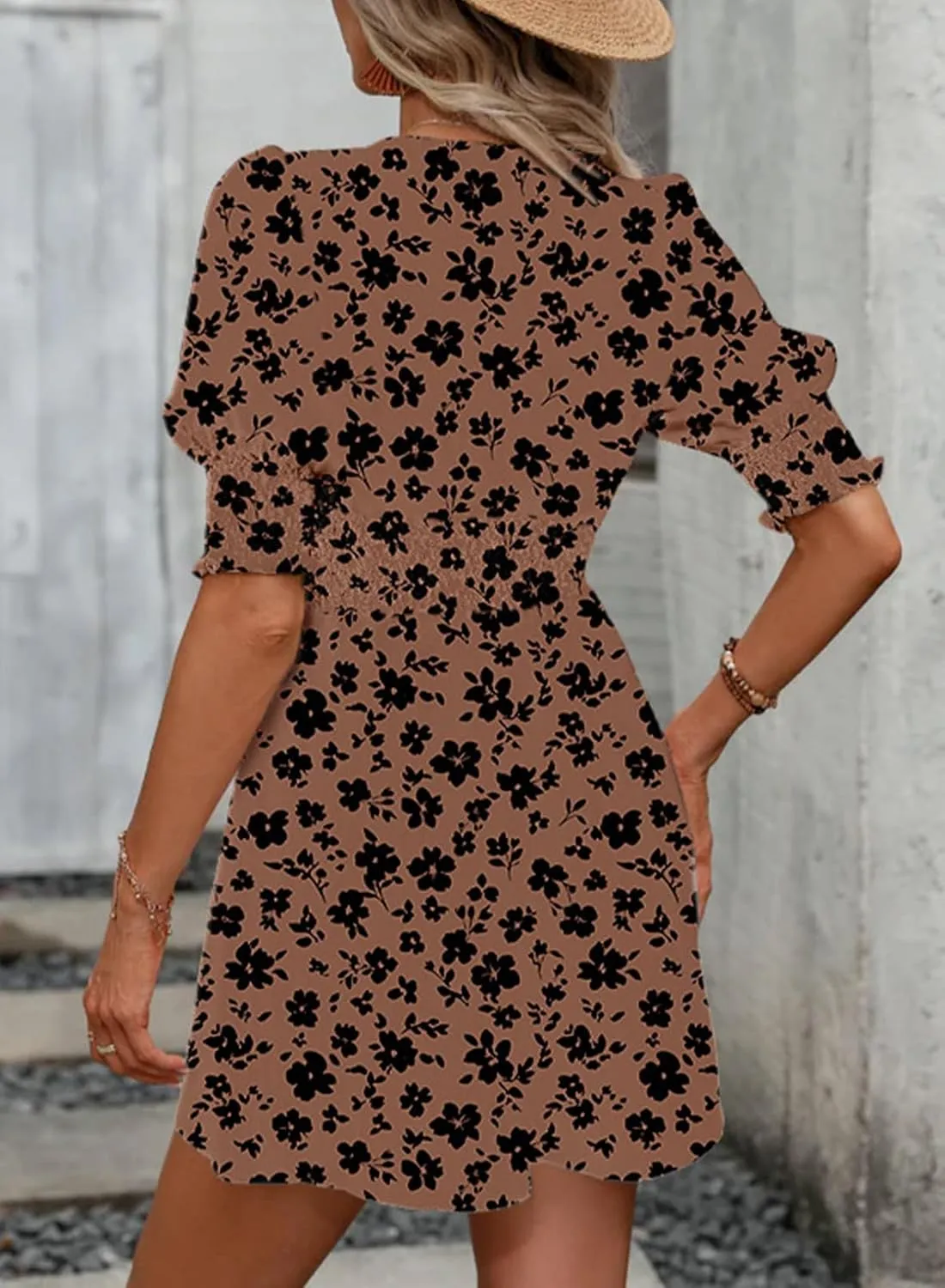 Dokotoo Summer Dresses for Women 2025 Sexy Wrap V Neck Short Puff Sleeve Elegant Floral Smocked Waist Flowy Mini Dress