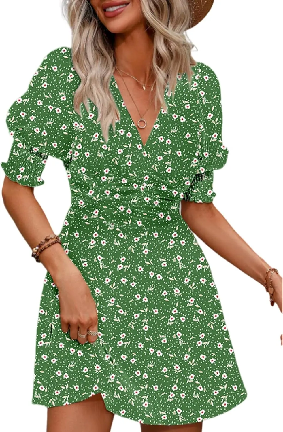 Dokotoo Summer Dresses for Women 2025 Sexy Wrap V Neck Short Puff Sleeve Elegant Floral Smocked Waist Flowy Mini Dress