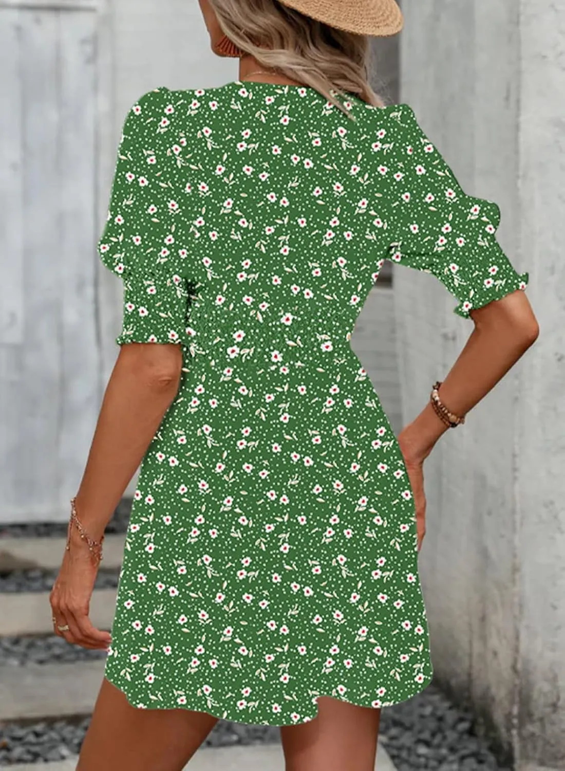 Dokotoo Summer Dresses for Women 2025 Sexy Wrap V Neck Short Puff Sleeve Elegant Floral Smocked Waist Flowy Mini Dress