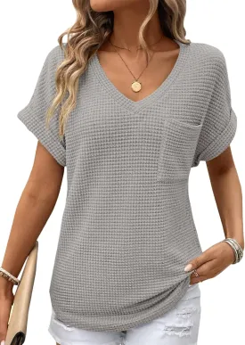 Dokotoo Womens Waffle Knit Tops 2025 Spring Summer V Neck Shirts Casual Trendy Women's Blouses Basic Tee