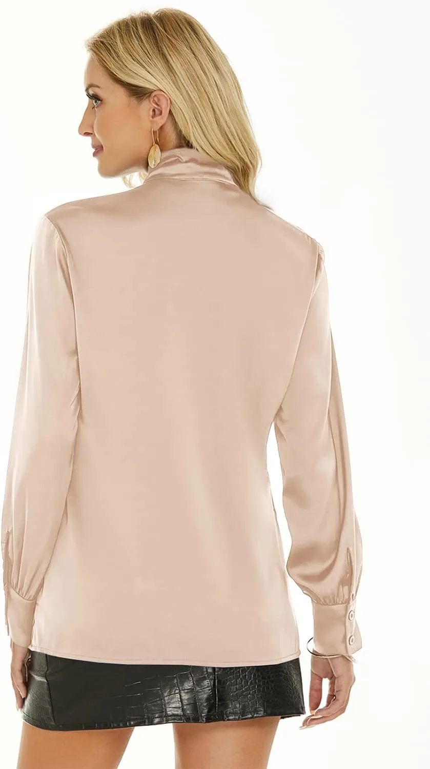 Escalier Women's Silk Blouse Long Sleeve Bow Tie Neck Button Down Shirts Casual Office Work Blouse Tops