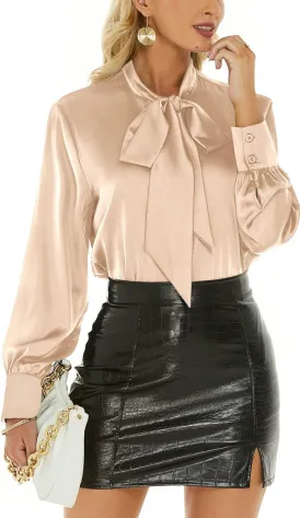 Escalier Women's Silk Blouse Long Sleeve Bow Tie Neck Button Down Shirts Casual Office Work Blouse Tops