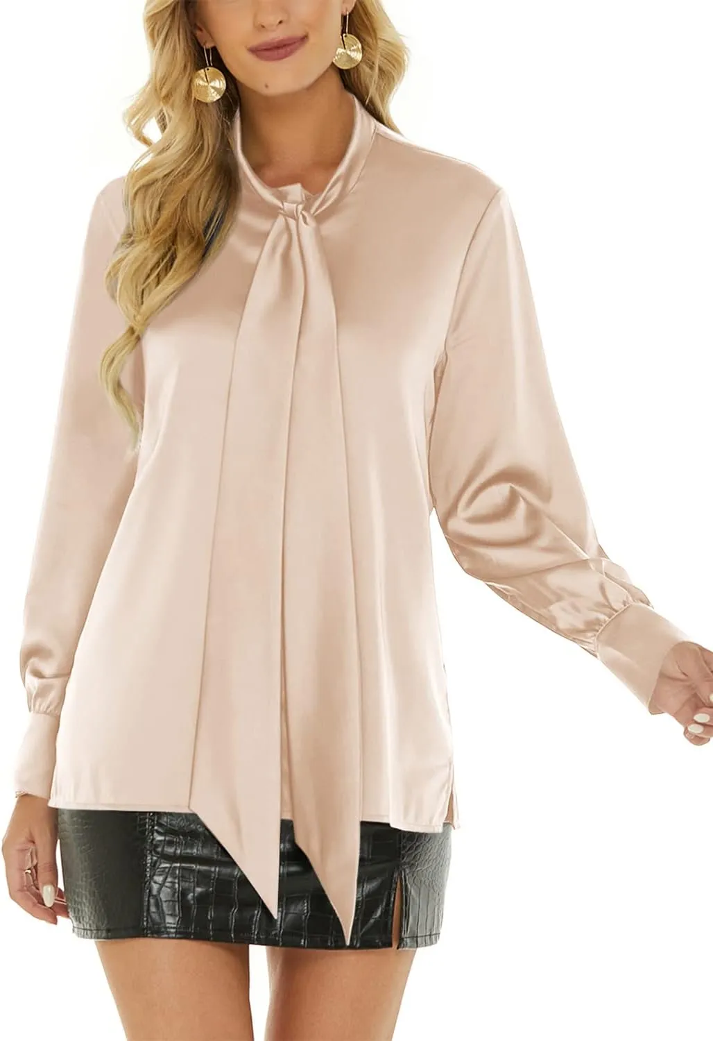 Escalier Women's Silk Blouse Long Sleeve Bow Tie Neck Button Down Shirts Casual Office Work Blouse Tops