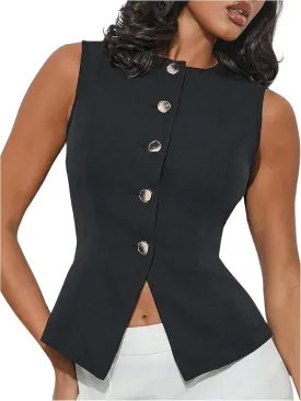 Floerns Women's Elegant Sleeveless Vest Shirts Button Front Business Blouse Tops