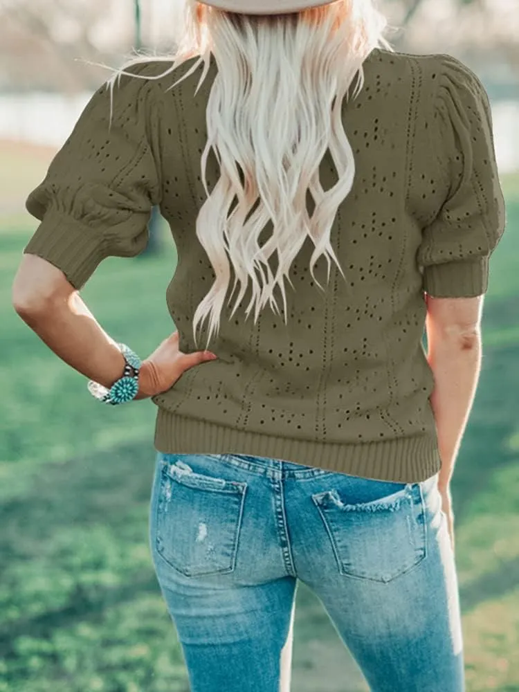 Foshow Womens Puff Short Sleeve Sweater Tops Summer Lightweight Loose Knit Pullover Shirts Blouses