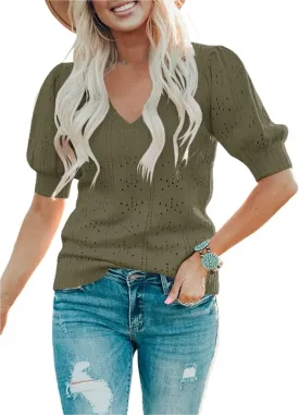 Foshow Womens Puff Short Sleeve Sweater Tops Summer Lightweight Loose Knit Pullover Shirts Blouses