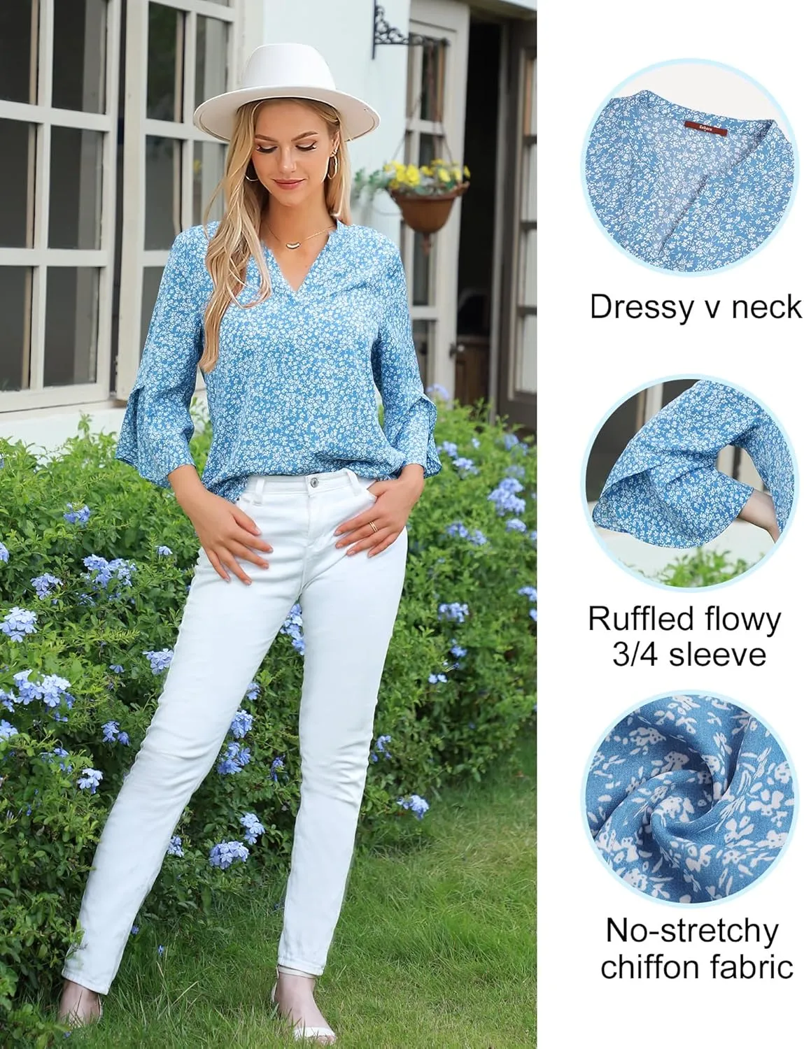 Gaharu Women's Work Blouses Ruffle 3/4 Sleeve Dressy Top V Neck Casual Chiffon Tunic Blouses Business Shirts