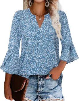 Gaharu Women's Work Blouses Ruffle 3/4 Sleeve Dressy Top V Neck Casual Chiffon Tunic Blouses Business Shirts