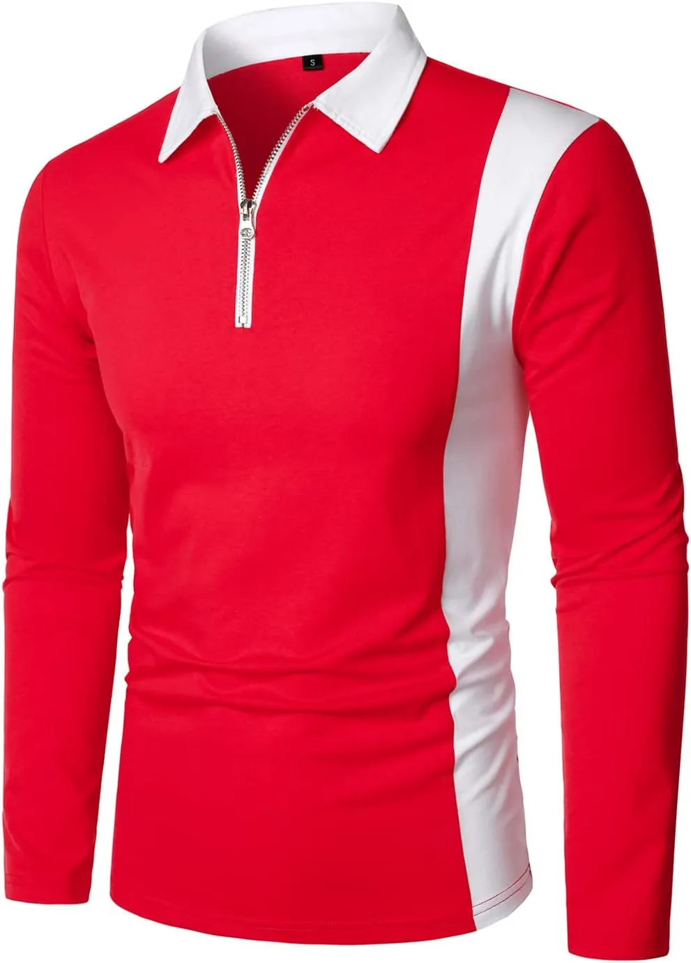 HOOD CREW Mens Long Sleeve Polo Shirts Fashion Color Block Zipper T Shirts