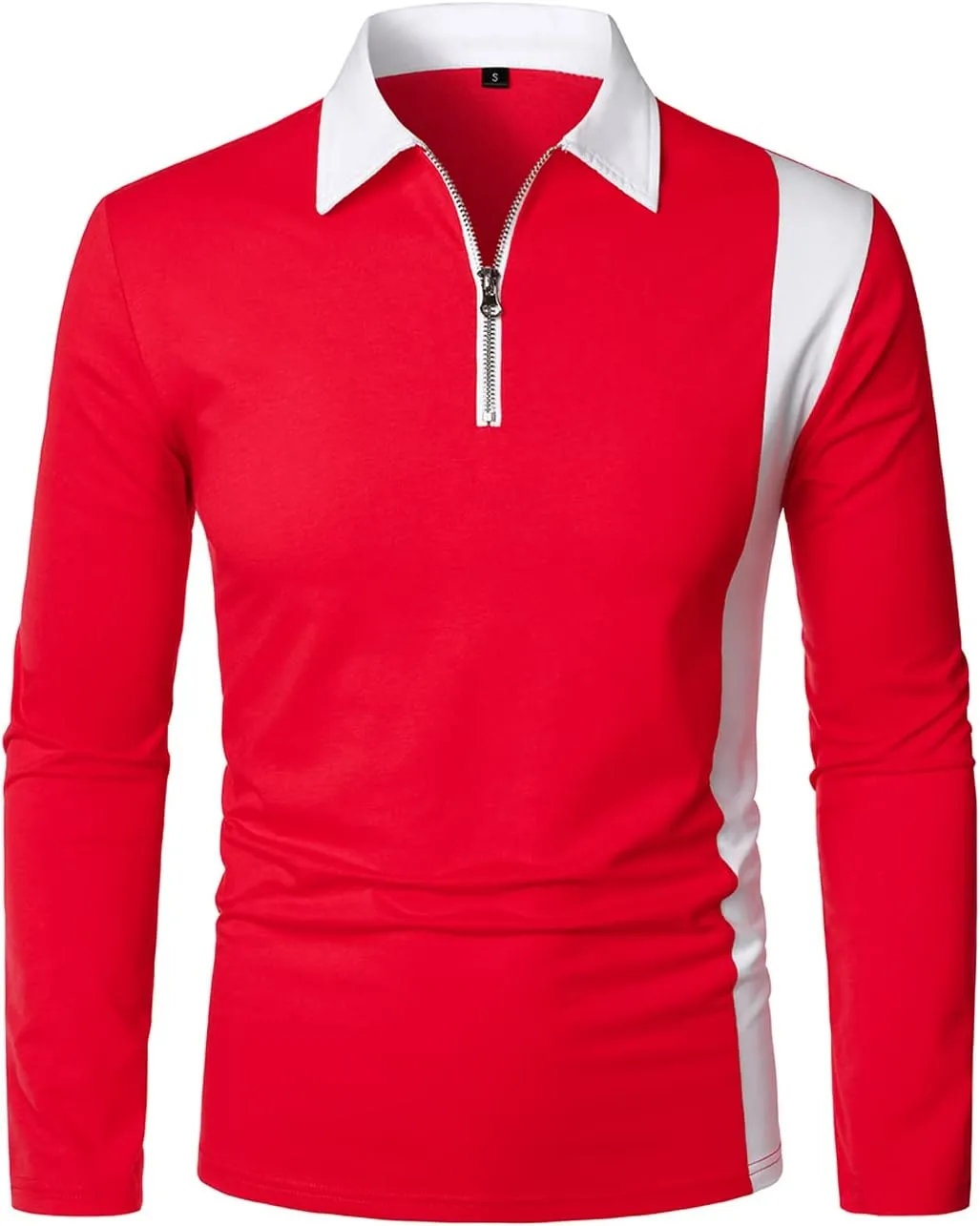 HOOD CREW Mens Long Sleeve Polo Shirts Fashion Color Block Zipper T Shirts