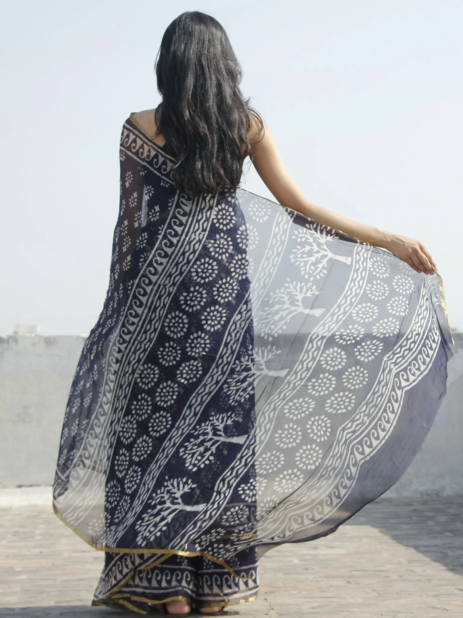 Indigo White Hand Block Printed Chiffon Saree - S031702313