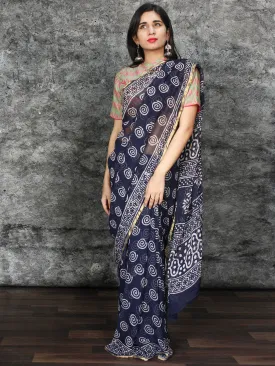 Indigo White Hand Block Printed Chiffon Saree with Zari Border - S031703121
