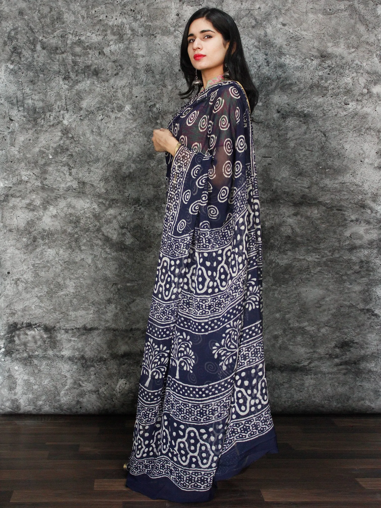 Indigo White Hand Block Printed Chiffon Saree with Zari Border - S031703121