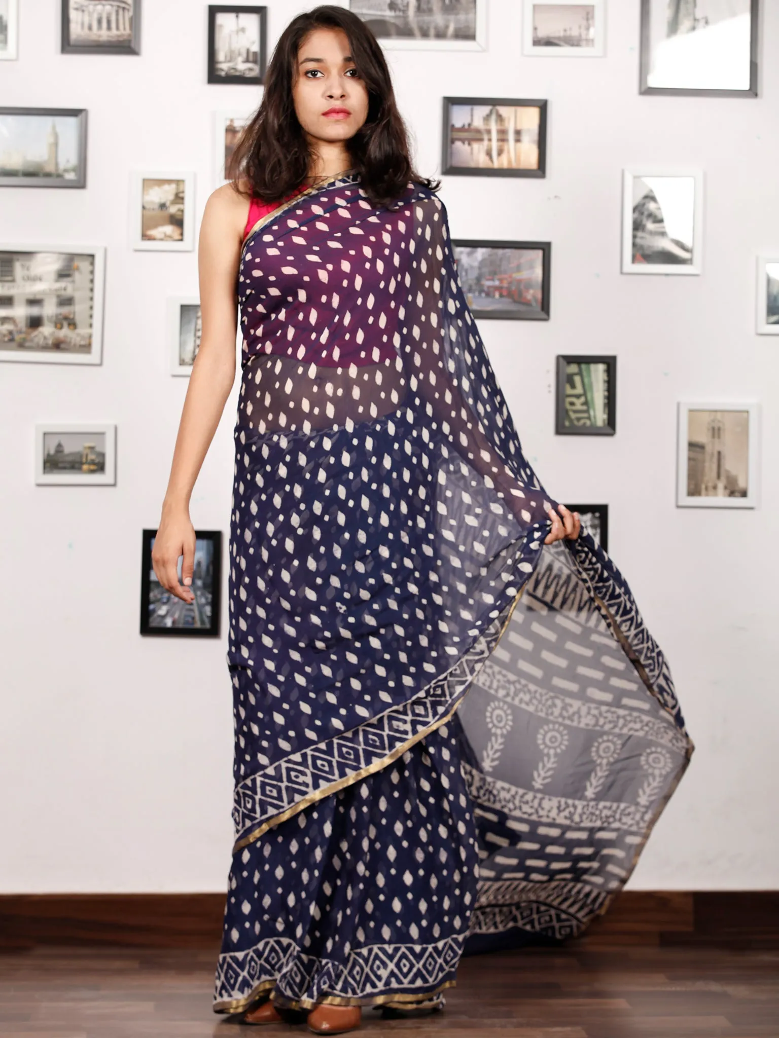 Indigo White Hand Block Printed Chiffon Saree with Zari Border - S031703159