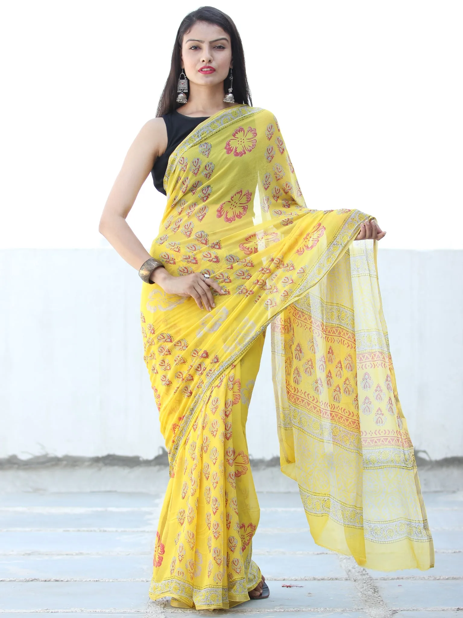 Lemon Yellow Coral Hand Block Printed Chiffon Saree with Zari Border - S031703931