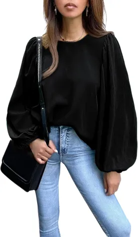 Lesore Womens Blouses Long Sleeve Solid Crewneck Balloon Sleeve Keyhole Back Blouses Tops Tshirts