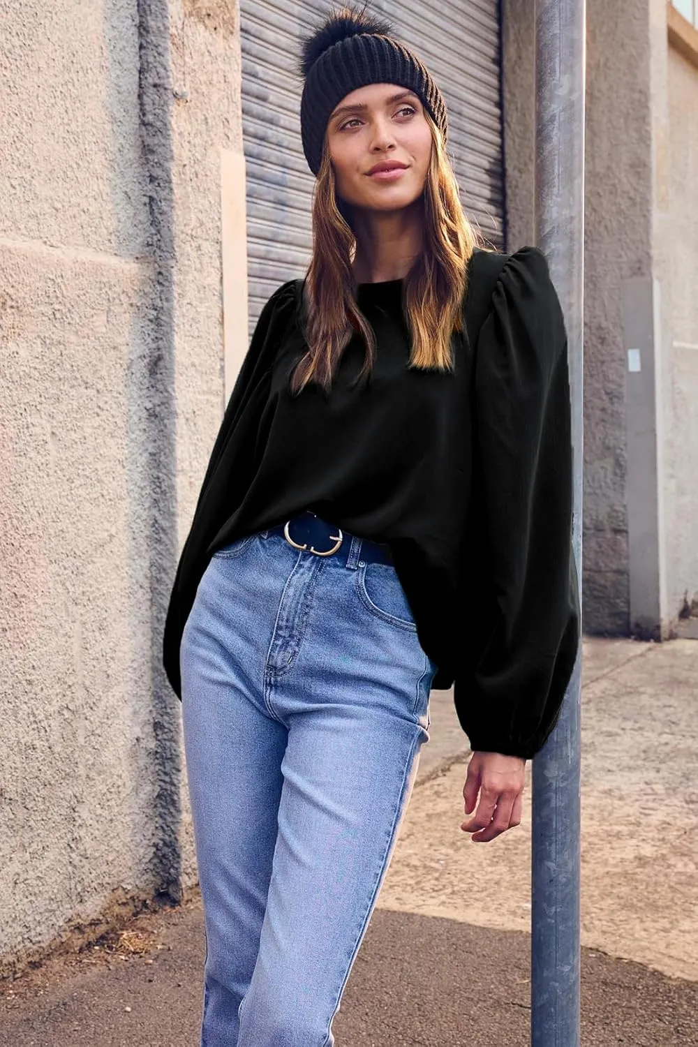 Lesore Womens Blouses Long Sleeve Solid Crewneck Balloon Sleeve Keyhole Back Blouses Tops Tshirts