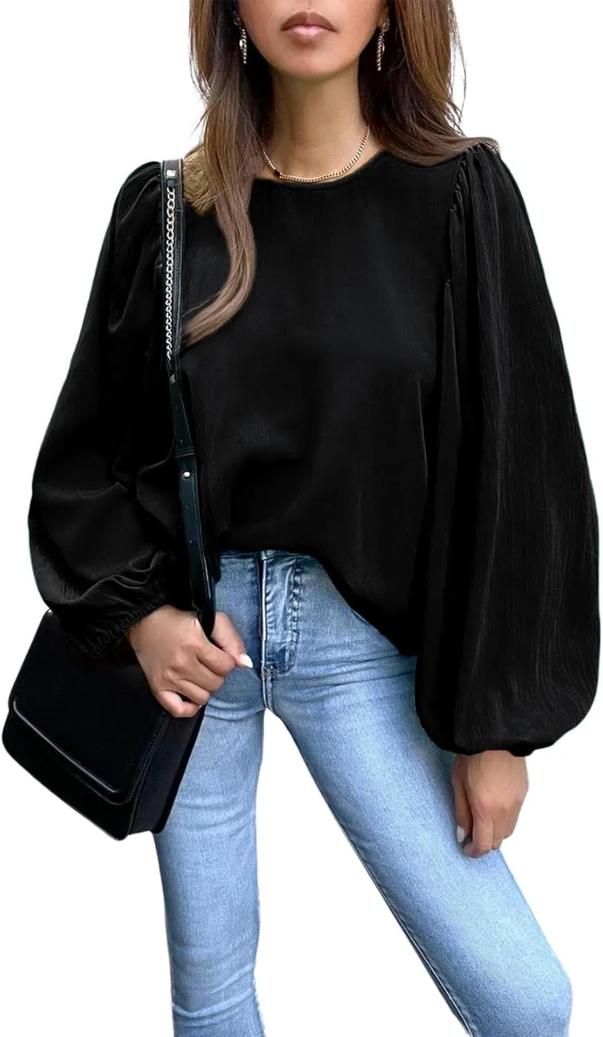 Lesore Womens Blouses Long Sleeve Solid Crewneck Balloon Sleeve Keyhole Back Blouses Tops Tshirts
