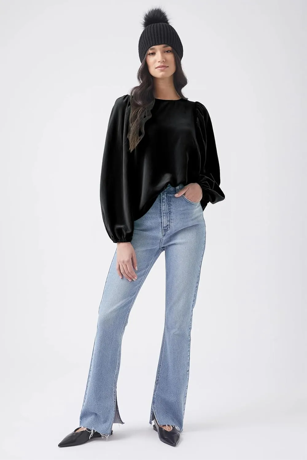 Lesore Womens Blouses Long Sleeve Solid Crewneck Balloon Sleeve Keyhole Back Blouses Tops Tshirts