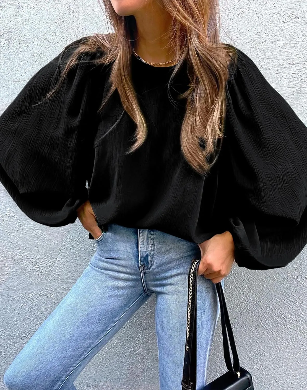 Lesore Womens Blouses Long Sleeve Solid Crewneck Balloon Sleeve Keyhole Back Blouses Tops Tshirts