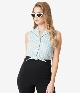 Light Blue & White Polka Dot Sleeveless Blouse