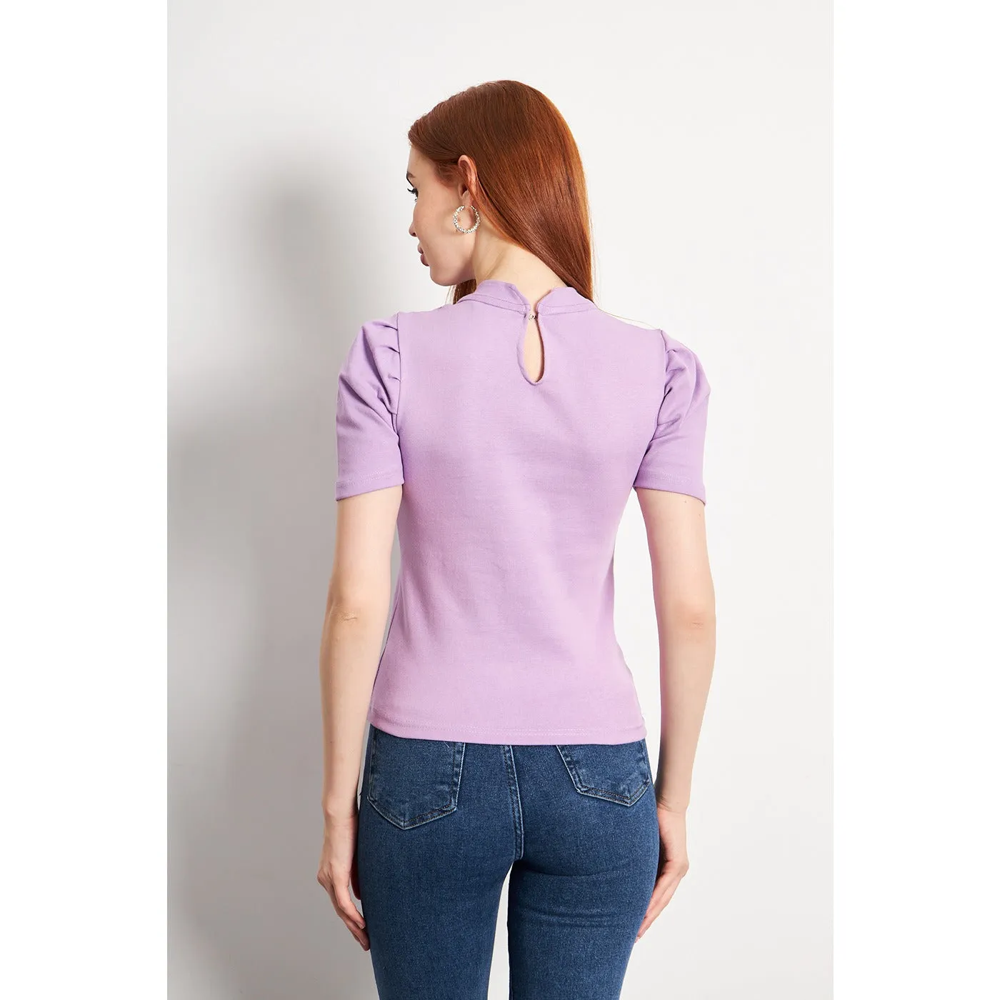 Lilac Puff Sleeves Knit Top