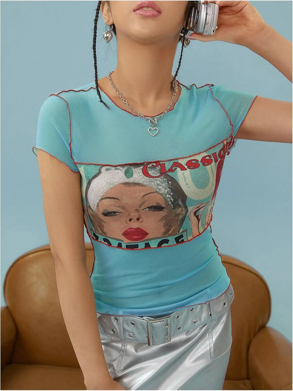 MakeMeChic Women's Y2k Mesh Top Short Sleeve Graphic Baby Tee Crop T Shirt Tops