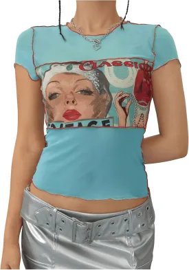 MakeMeChic Women's Y2k Mesh Top Short Sleeve Graphic Baby Tee Crop T Shirt Tops