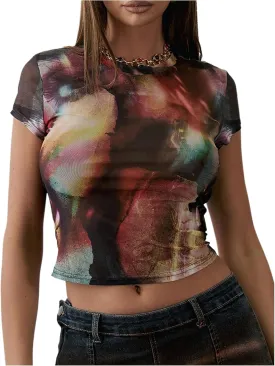 MakeMeChic Women's Y2k Mesh Top Short Sleeve Graphic Baby Tee Crop T Shirt Tops