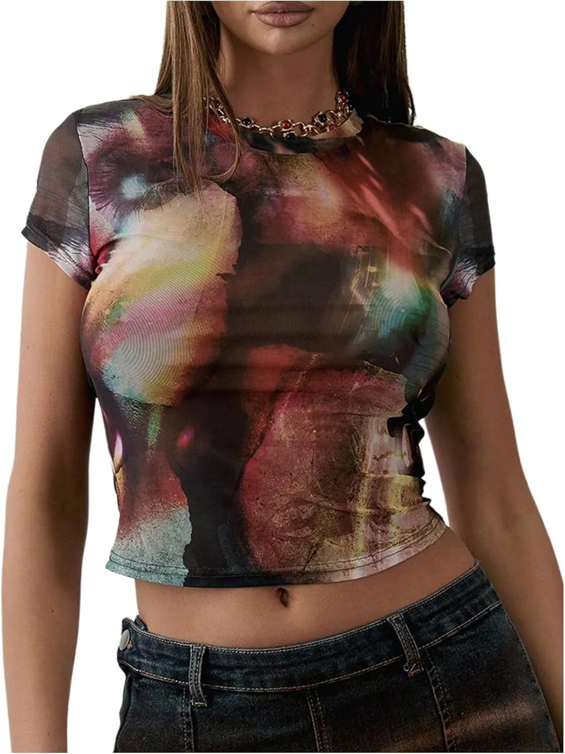 MakeMeChic Women's Y2k Mesh Top Short Sleeve Graphic Baby Tee Crop T Shirt Tops
